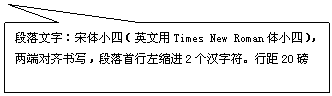 矩形标注: 段落文字：宋体小四（英文用Times New Roman体小四），两端对齐书写，段落首行左缩进2个汉字符。行距20磅