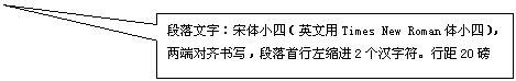 矩形标注: 段落文字：宋体小四（英文用Times New Roman体小四），两端对齐书写，段落首行左缩进2个汉字符。行距20磅